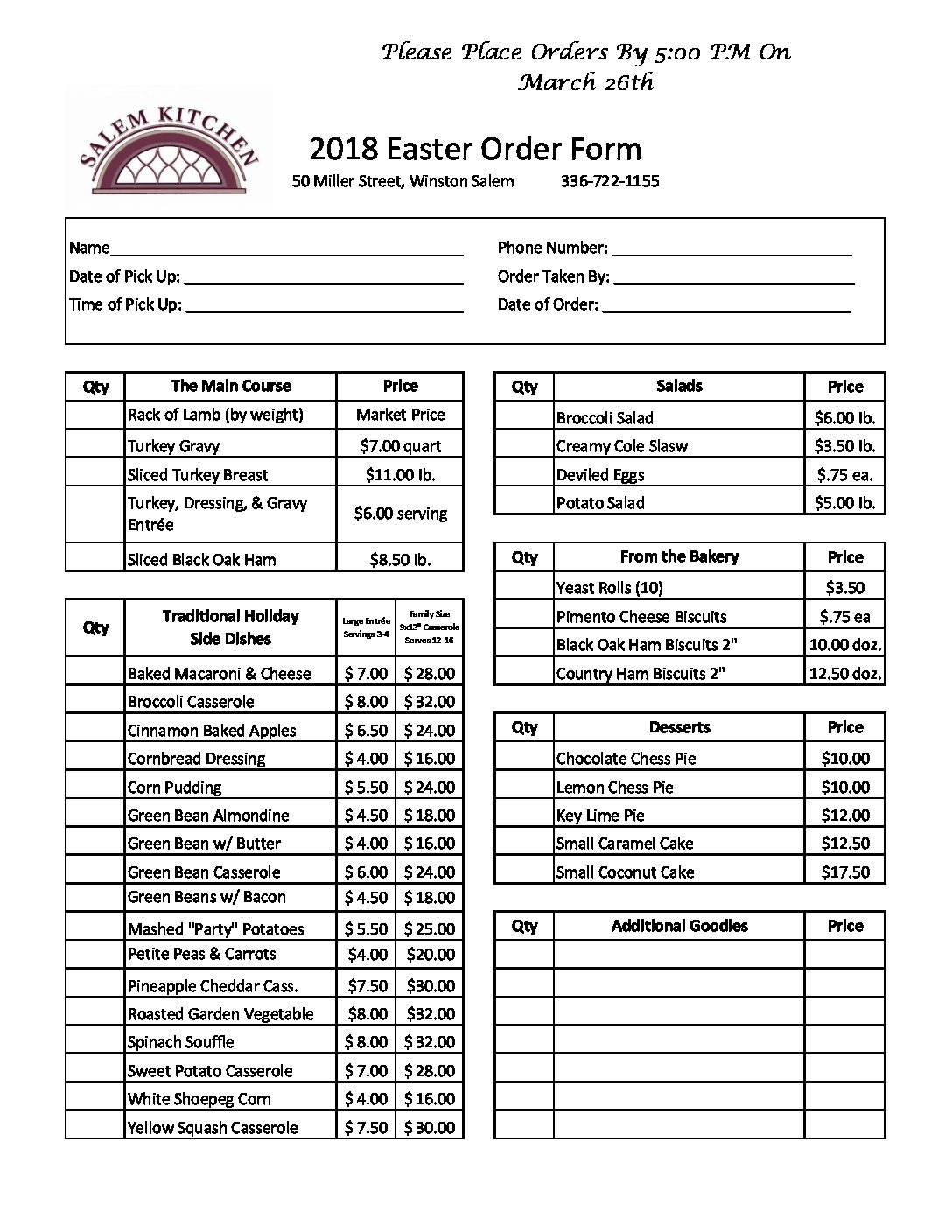 2018 Easter Order Form